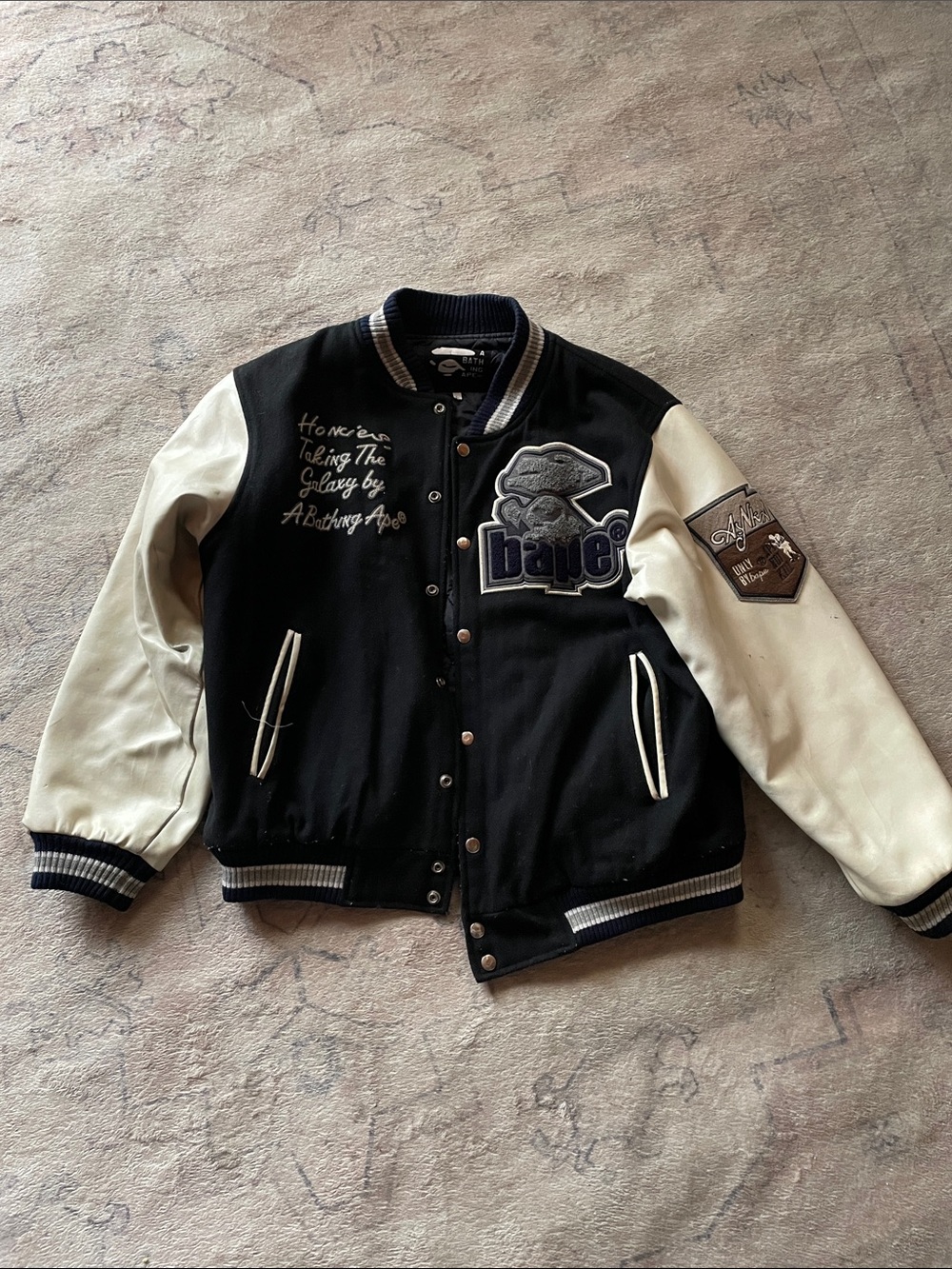 Bape Black and Cream Varsity Jacket with Logo Patch